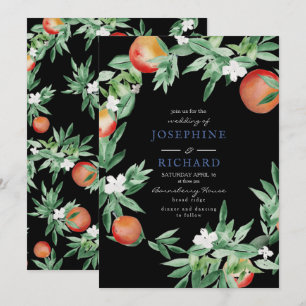 Peaches, watercolour design, midnight black invitation