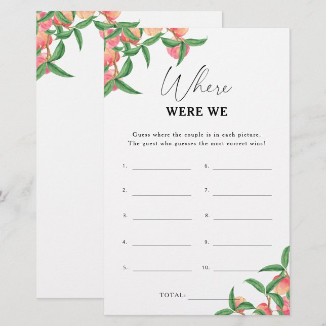 Peaches - Where were we bridal shower game (Front/Back)