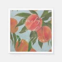 Peaches with Pale Blue Bride & Groom Napkins