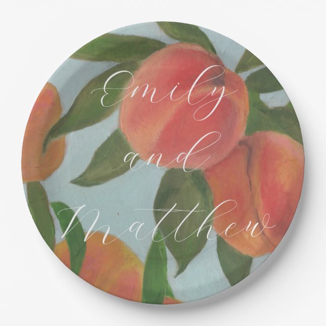 Peaches with Pale Blue Bride & Groom Paper Plate (Front)