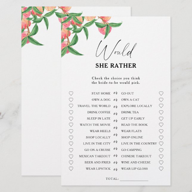 Peaches - Would she rather bridal shower game (Front/Back)