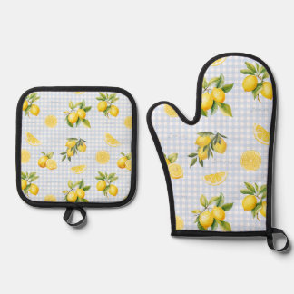 Peachify Lemon Gingham Oven Mitt & Pot Holder Set