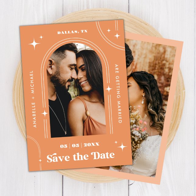 Peachy Apricot Boho Arch Retro Script 2 Photo 70s Save The Date (Creator Uploaded)