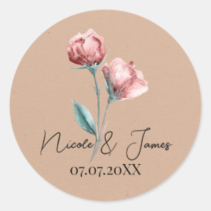 Peachy Beige Watercolor Floral Wedding Classic Round Sticker