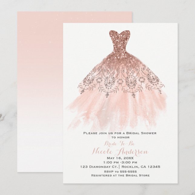 Peachy Blush Pink Glitter Glam Dress Bridal Shower Invitation (Front/Back)