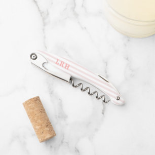 Peachy Blush Stripe Vintage Tiny Initials Monogram Corkscrew