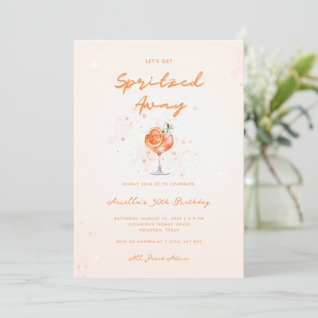 Peachy Cocktail Spritzed Away 30th Birthday Party Invitation (Standing Front)