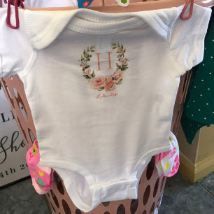 Peachy Coral Rose Wreath Personalized Baby Name Bodysuit