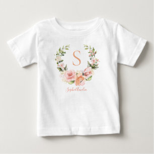 Peachy Coral Rose Wreath Personalized Baby Name T-Shirt
