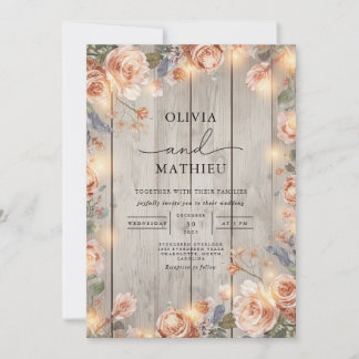 Peachy Floral Rustic Wood Wedding Invitation