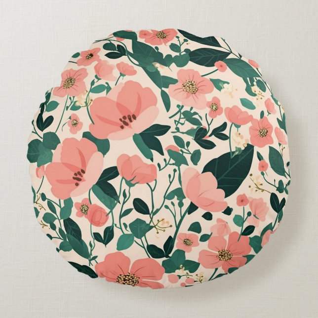 Peachy-Keen Flower Pattern Round Pillow (Front)