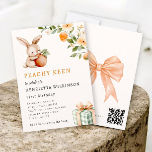 Peachy Keen Watercolor Bunny First Birthday Invitation