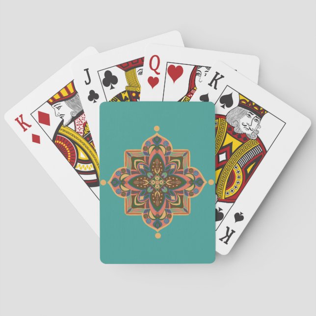 Peachy Mandala  with Green Backgroumd Playing Cards (Back)