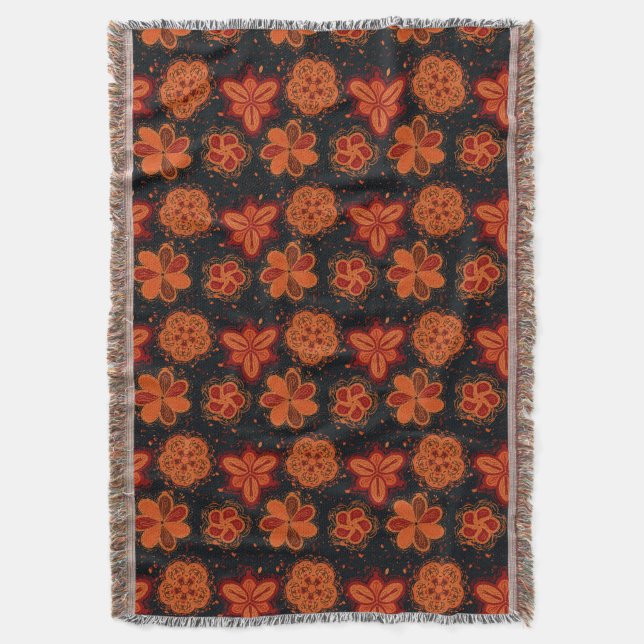 Peachy orangy  flowers dark pattern throw blanket (Front Vertical)