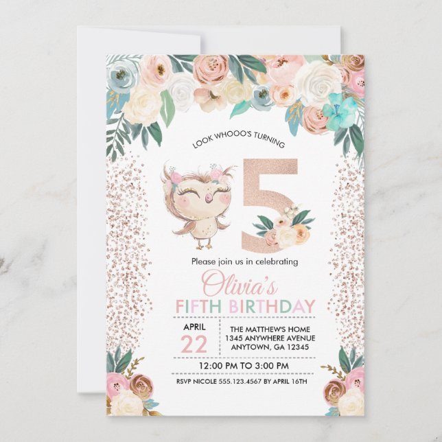 Peachy Owl Fifth Birthday Invitation (Front)