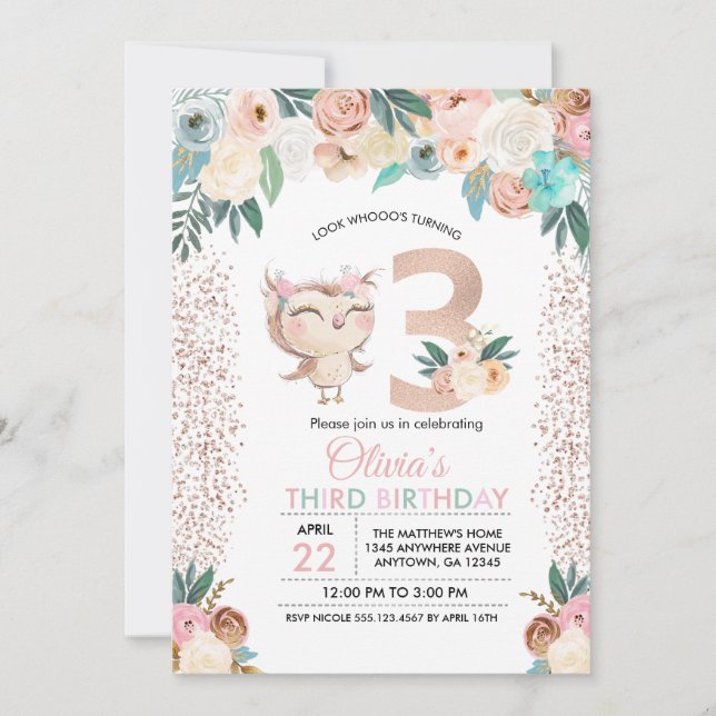 Peachy Owl Invitation du troisième anniversaire (Devant)