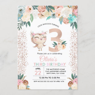 Peachy Owl Invitation du troisième anniversaire