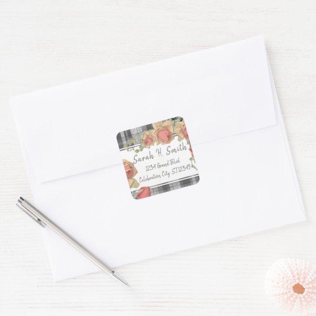 Peachy Pink and Grey Plaid  Return Address Square Sticker (Envelope)