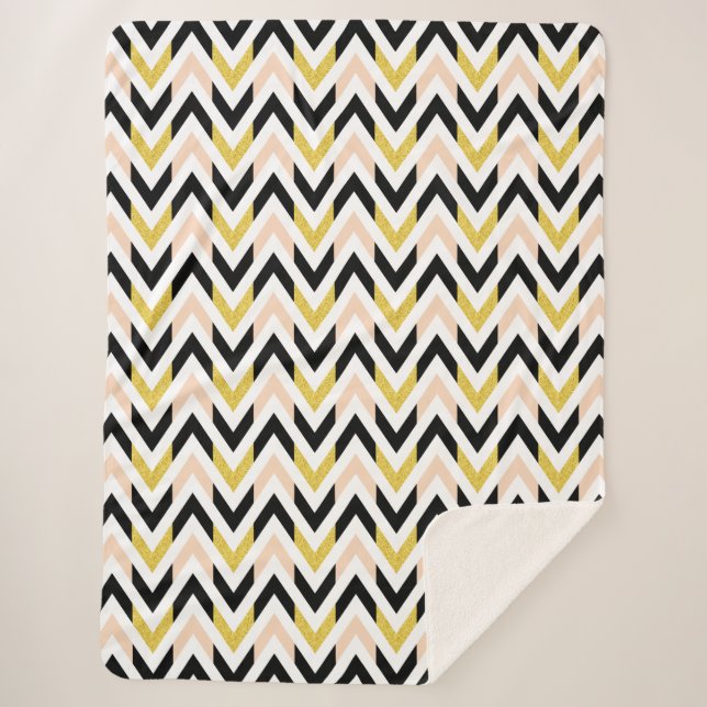 Peachy Pink, Black, Gold & White Chevron Pattern Sherpa Blanket (Front)