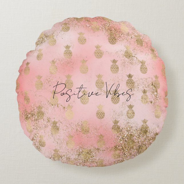 Peachy Pink Blush Gold Glitter Pineapples    Round Pillow (Front)