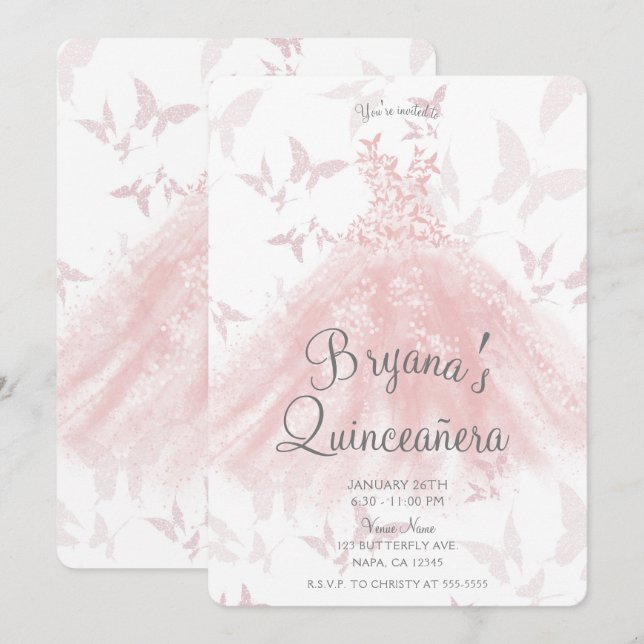 Peachy Pink Butterfly Dance Dress Quinceañera Invitation (Front/Back)