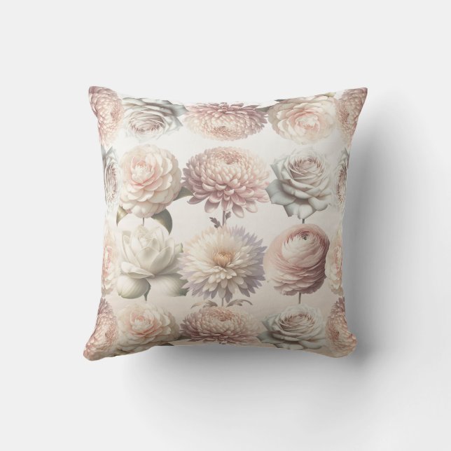 Peachy Pink Creamy White Flowers Floral  Throw Pillow (Back)