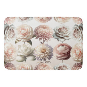 Peachy Pink Creamy White Flowers Floral Wedding Bath Mat