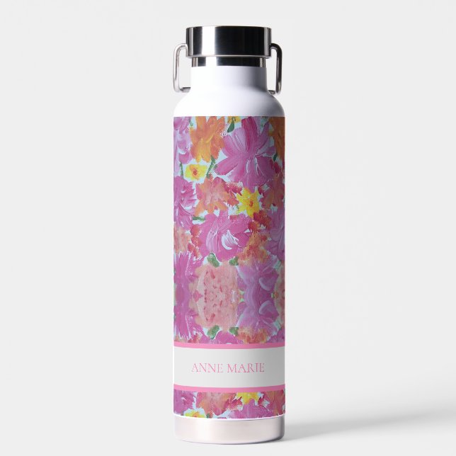 Peachy Pink Floral Custom Water Bottle (Front)