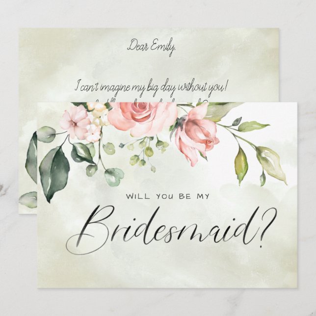 Peachy Pink Floral Watercolor Script Bridesmaid Invitation (Front/Back)