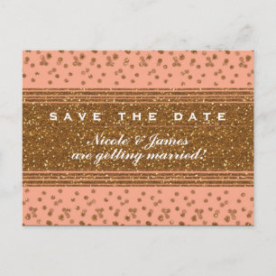 Peachy Pink & Gold Confetti Save The Date Postcard