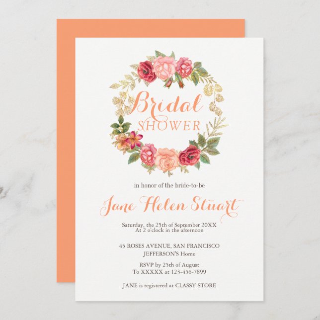 Peachy pink gold roses wreath chic bridal shower invitation (Front/Back)