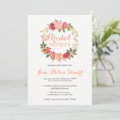 Peachy pink gold roses wreath chic bridal shower invitation (Standing Front)