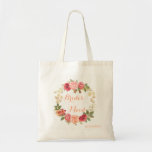 Peachy pink gold roses wreath wedding bridesmaid tote bag<br><div class="desc">Romantic and elegant floral bridesmaid / maid of honour / mother of the bride / groom tote bag with pretty blush dusty rose flowers wreath and peachy script lettering on white background. Suitable for a floral rose garden wedding.</div>