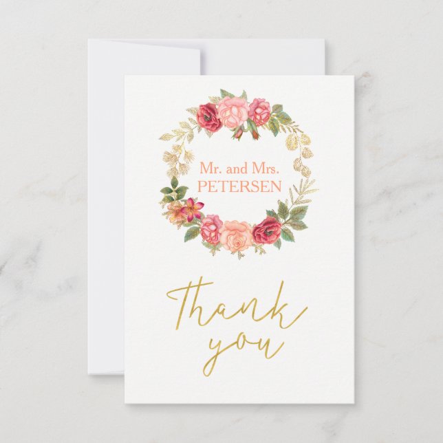 Peachy pink gold roses wreath wedding thank you (Front)