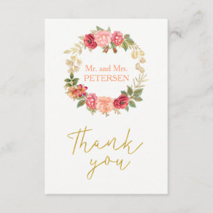 Peachy pink gold roses wreath wedding thank you card