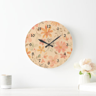 Peachy--pink golden floral pattern large clock