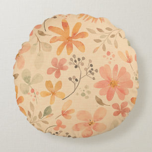 Peachy--pink golden floral pattern round pillow