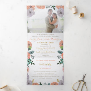 Peachy Pink Lavender Green Floral Wedding Tri-Fold Invitation