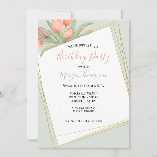 Peachy Pink & Mint Spring Tulips Birthday Party Invitation (Front)