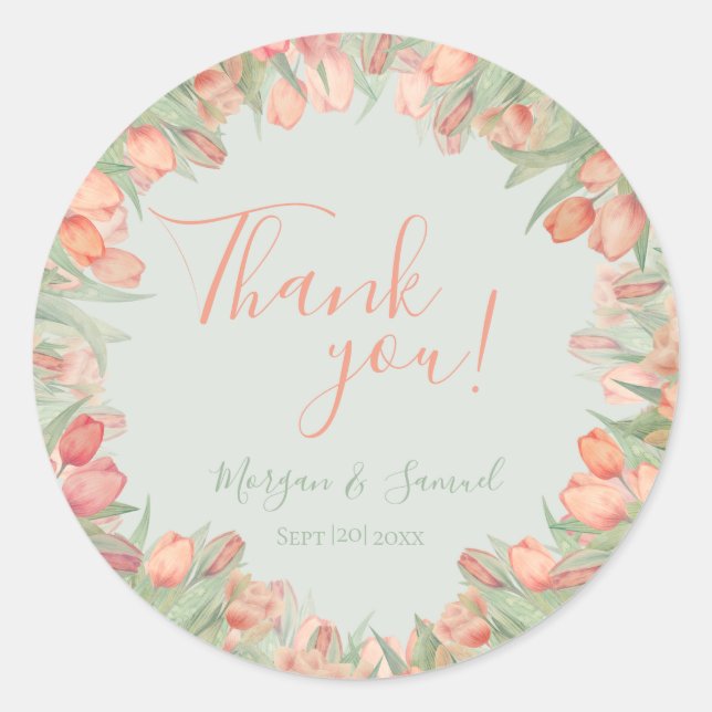 Peachy Pink & Mint Spring Tulips Thank You Classic Round Sticker (Front)