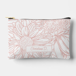 Peachy Pink on White Chrysanthemums with Name Accessory Pouch