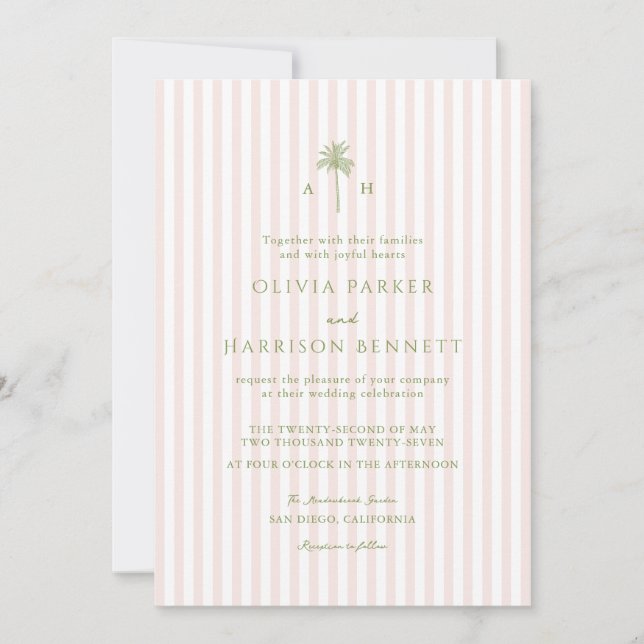 Peachy Pink Sage Stripe Palm Tree Wedding Invitation (Front)