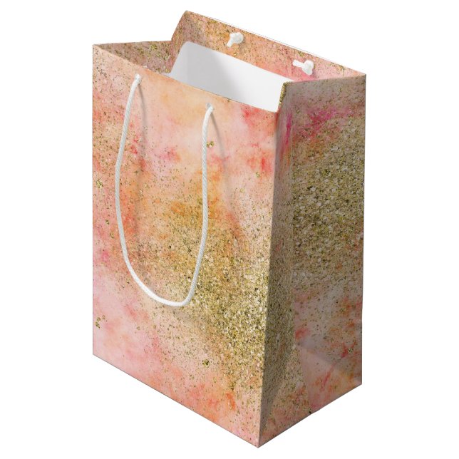 Peachy Pink Watercolor Gold Faux Glitter Medium Gift Bag (Front Angled)