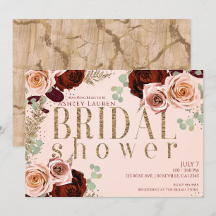 Peachy Rose Gold Pink Burgundy Roses Bridal Shower Invitation