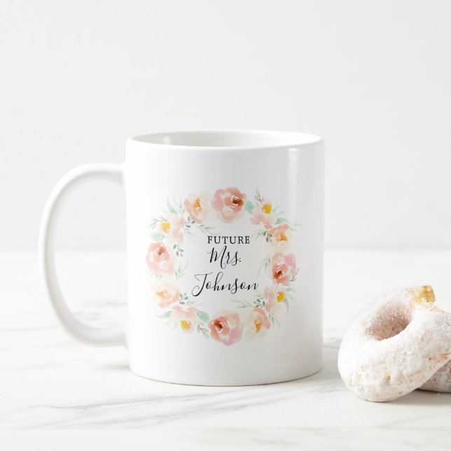 Peachy Watercolor Floral Bride To Be Coffee Mug (With Donut)