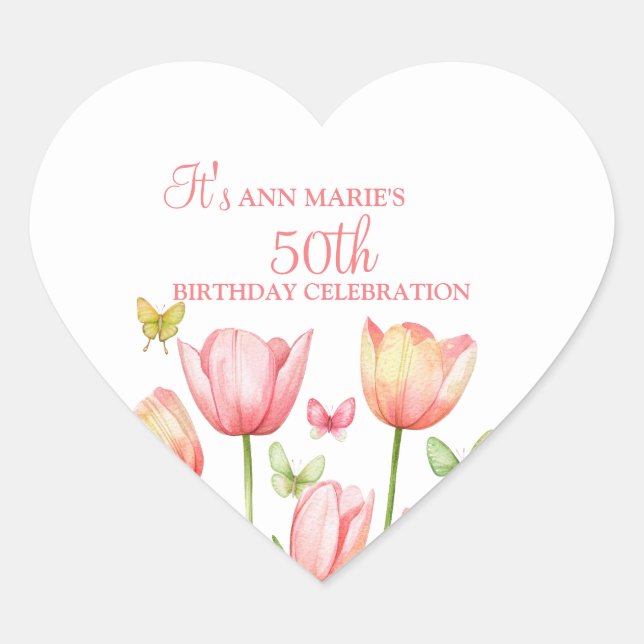 Peachy Watercolor Tulips Floral  Heart Sticker (Front)
