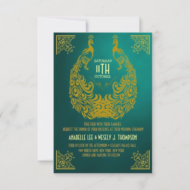 Peacock 1920s Art Deco Wedding Invitation (Front)