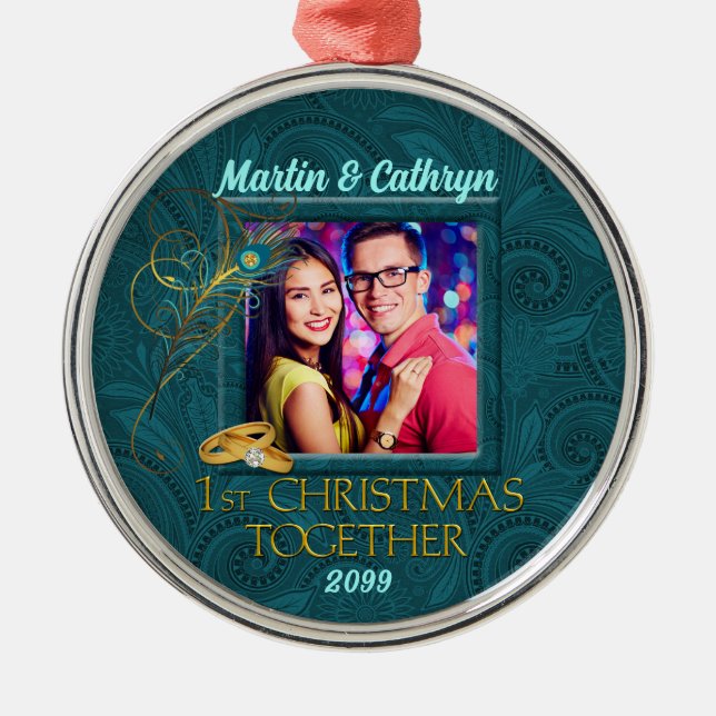 Peacock 1st Christmas Teal with Photo Metal Ornament (Front)