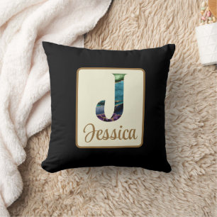 Peacock Agate Letter J Personalized Throw Pillow