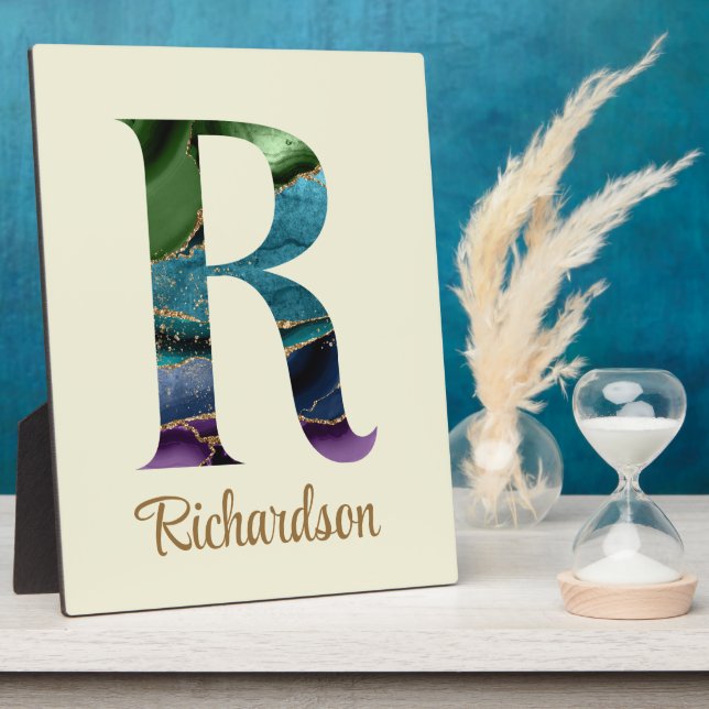 Peacock Agate Letter R Personalized Tabletop Plaque (Side)